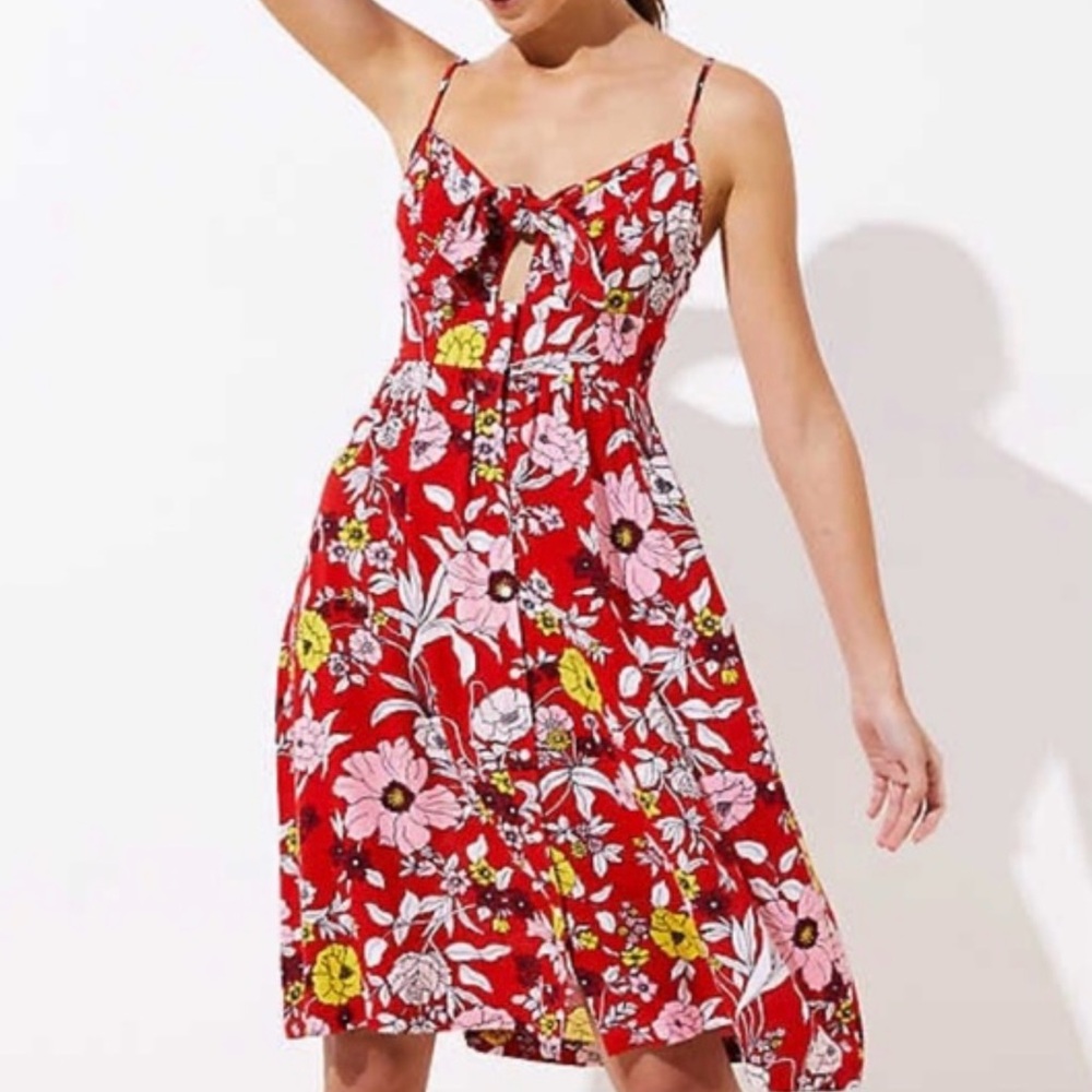 LOFT Red Floral Midi Dress